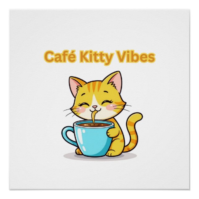 Poster **Joli Chat au Café – Adorable Chat Buvant du Café (Devant)