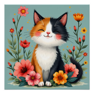 Poster Joli Chat Calico avec Esthétique Florale Cottageco