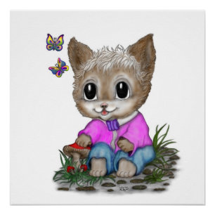 Poster Joli Chat Chaton et Papillon