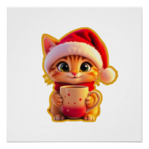 Poster **Joli chat de Noël avec chapeau de Père Noël – Va