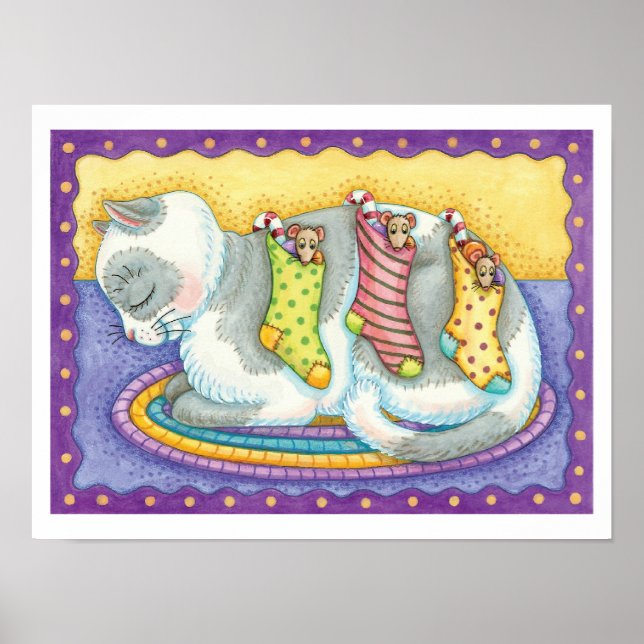 Poster Joli chat de Noël dormant avec des souris dans des (Devant)