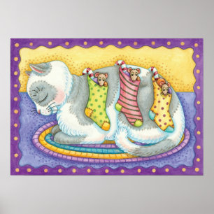 Poster Joli chat de Noël dormant avec des souris dans des