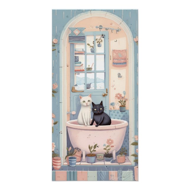 Poster Joli chat et chaton rétro dans le bain (Devant)