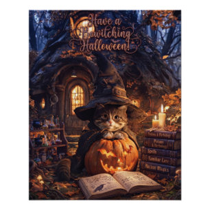Poster Joli Chat Sorcier Avec Chapeau de Sorcière Derrièr
