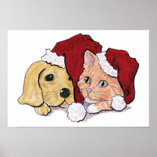 Poster Joli chiot Labrador de Noël et chat tigré orange