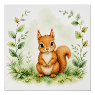 Poster Joli écureuil rouge botanique faune aquarelle
