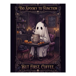 Poster Joli Fantôme Buvant du Café dans une Salle Sombre