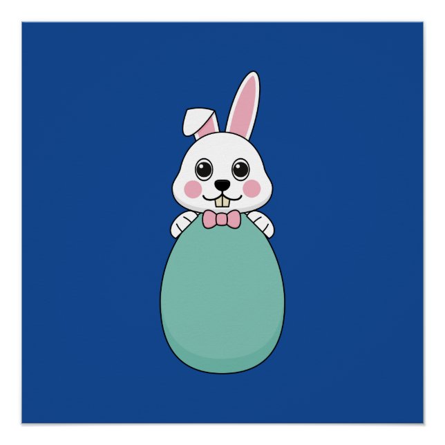 Poster Joli lapin blanc tenant l'oeuf de Pâques (Devant)