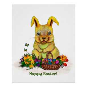 Poster Joli lapin de Pâques avec oeufs et fleurs