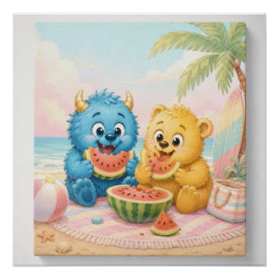 Poster Joli monstre Déjeuner sur la plage de pastèque Art