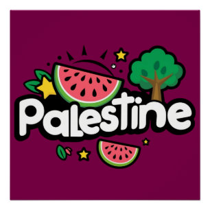 Poster Joli mot Palestine entouré d'arbre de pastèques