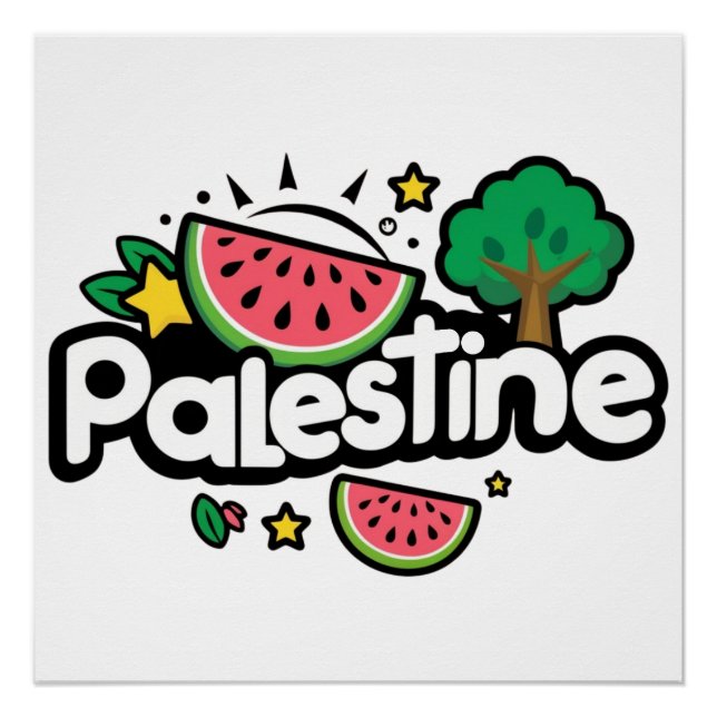 Poster Joli mot Palestine entouré d'un arbre de pastèques (Devant)