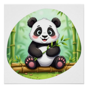 Poster Joli panda de dessin animé sur un carré de bambou