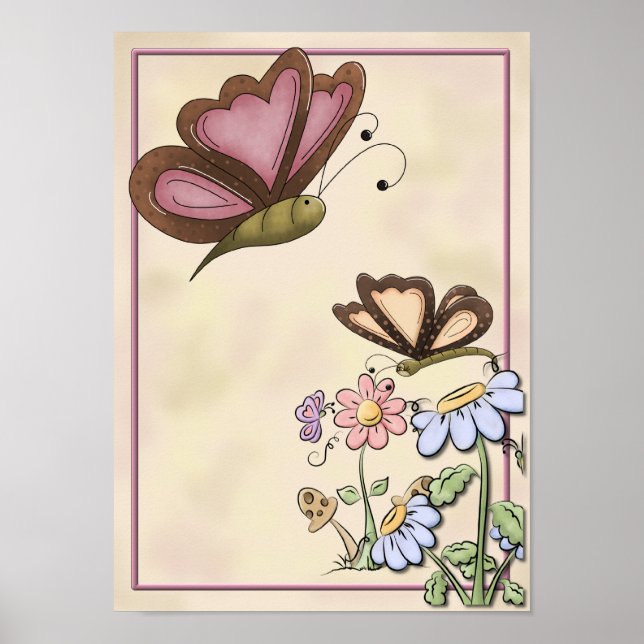 Poster Joli papillon aux fleurs rose et bleue (Devant)