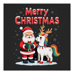 Poster Joli Père Noël Licorne de Noël sur T-Shi de Noël L