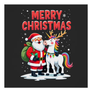 Poster Joli Père Noël Licorne de Noël sur T-Shi de Noël L
