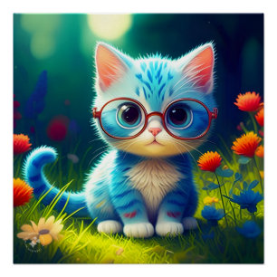 Poster Joli petit chat bleu portant des lunettes-47567