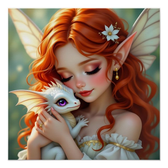 Poster Jolie fée aux cheveux roux avec dragon (Devant)