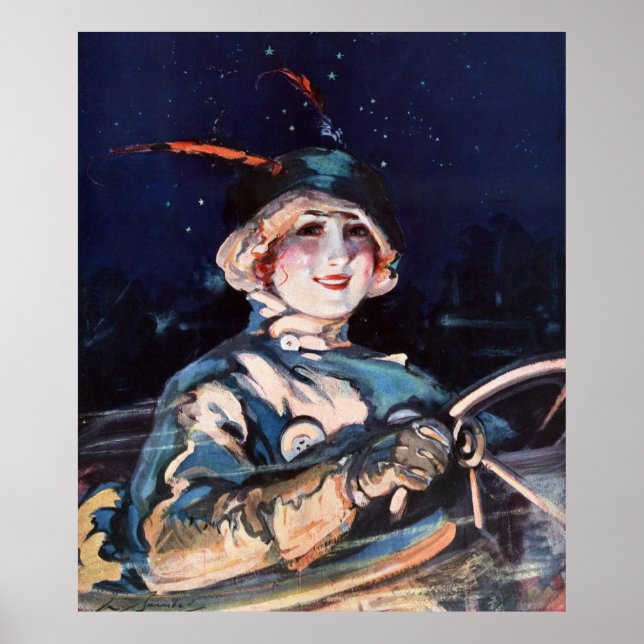 Poster Jolie femme voiture de conduite, années 1920 (Devant)