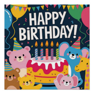 Poster Jolie fête d'anniversaire animal Design pour enfan