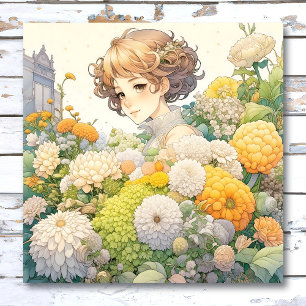 Poster Jolie Fille d'Anime dans des Fleurs Jaunes et Blan