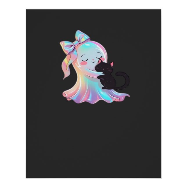 Poster Jolie Fille Holographique Fantôme Câlinant Chat No (Devant)