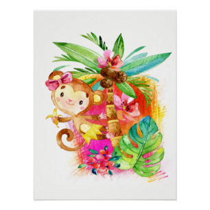 Poster Jolie fille singe grimpant à l'arbre