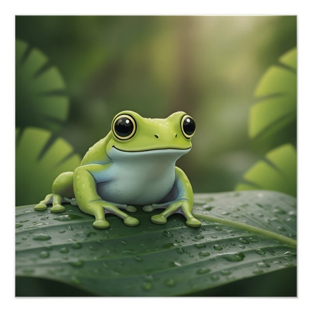 Poster Jolie grenouille verte sur feuille (Devant)