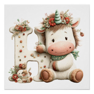Poster Jolie Licorne Fleurie Lettre H Nurserie