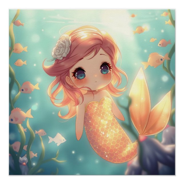 Poster Jolie sirène dorée dans le monde sous-marin (Devant)