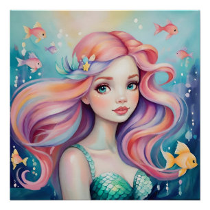 Poster Jolie sirène sous l'eau avec des poissons