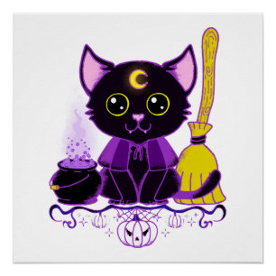 Poster Jolie sorcière de chat noir d'Halloween