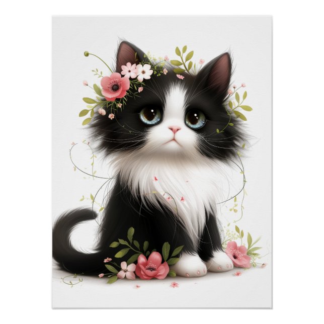 Poster Jolie Tuxedo Kitten avec Fleurs (Devant)