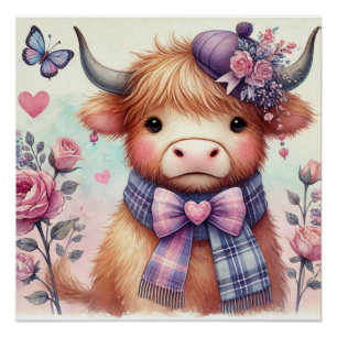 Poster Jolie vache des Highlands aquarelle florale vintag
