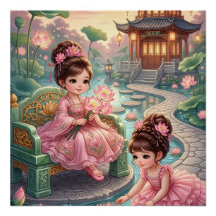 Poster Jolies poupées asiatiques dans un paysage de jardi