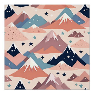 Poster Jolis montagnes enneigées et motif rose étoilé