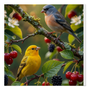 Poster Jolis Petits Oiseaux Avec Des Baies Rouges Dans La