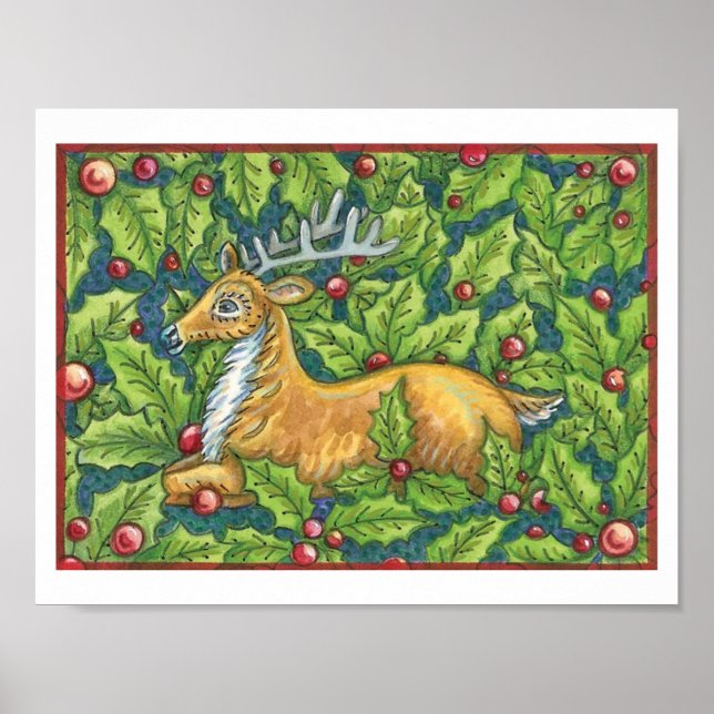 Poster Jolis rennes de Noël dans la forêt avec du houx (Devant)