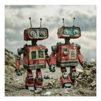 Jolis robots rétro amoureux se tenant la main