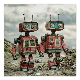 Poster Jolis robots rétro amoureux se tenant la main