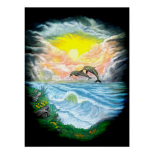 Poster Jouer aux dauphins sous le soleil