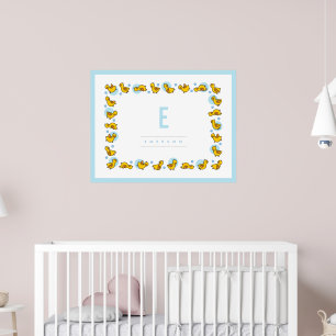 Poster Jouer Bébé Canards Monogramme Bleu Nourriture Mur