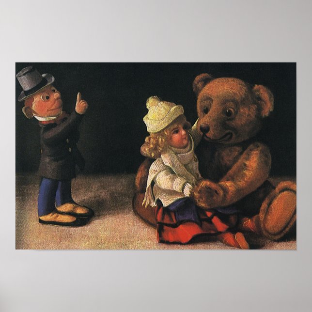 Poster Jouets de Noël vintage, poupée et ours en peluche (Devant)