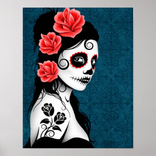 Poster Jour de la fille crâne de sucre mort - bleu