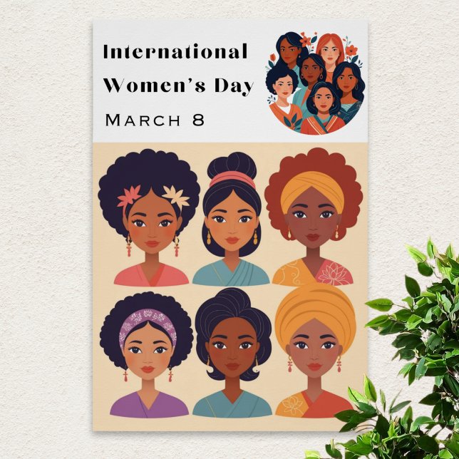 Poster Journée internationale de la femme 8 mars (A stylish poster for International Women's Day, with illustration of diverse women)