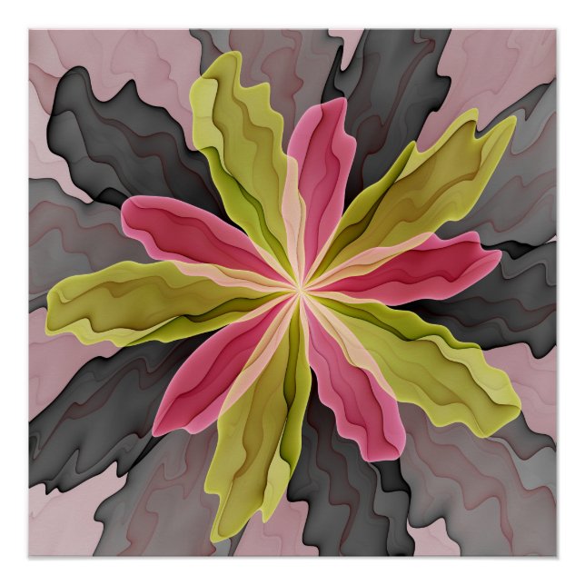 Poster Joy, Vert rose Anthracite Imaginaire Fleur Fractal (Devant)