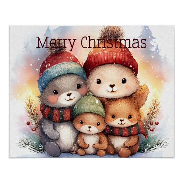 Poster Joyeuse Famille d'Animaux de la Forêt de Noël (Devant)