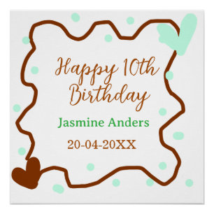 Poster Joyeux 10e anniversaire vert pastel marron bordure