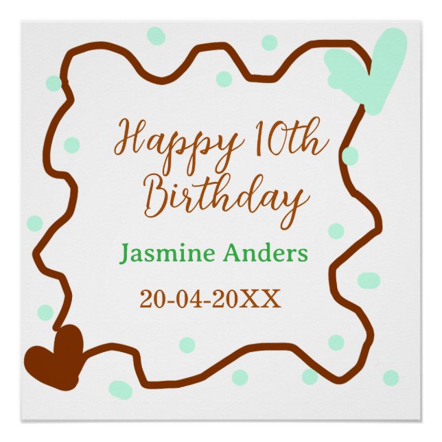 Poster Joyeux 10e anniversaire vert pastel marron bordure (Devant)