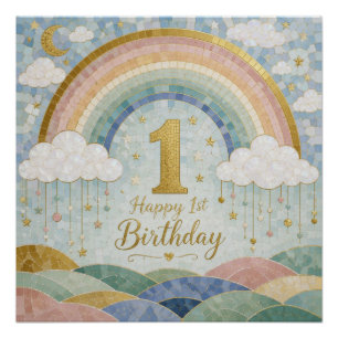 Poster Joyeux 1er Anniversaire Mosaic Arc-en-Ciel Nuage D